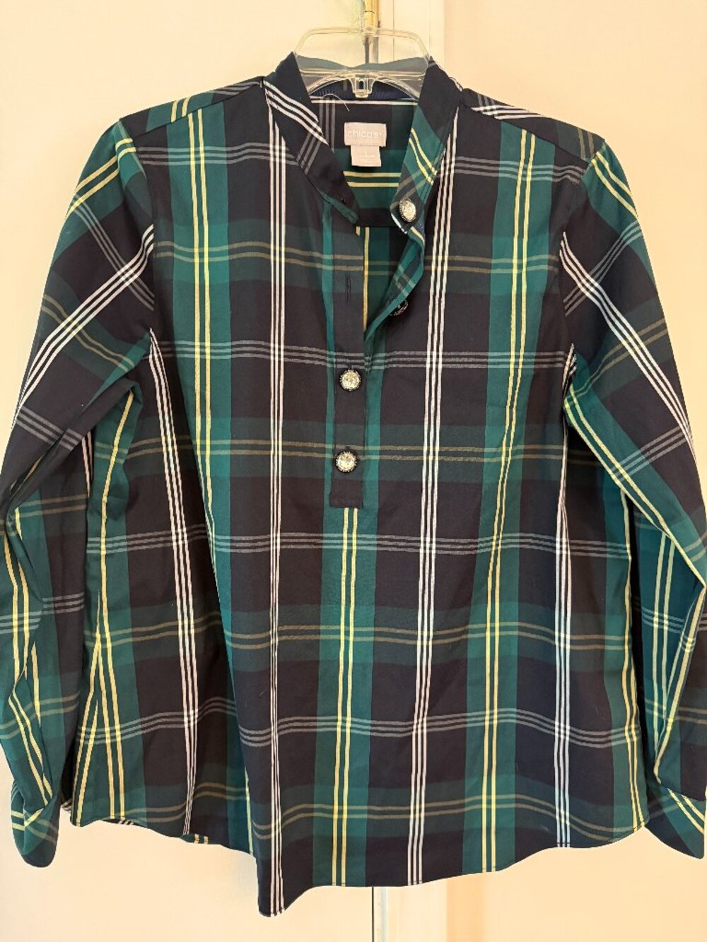 Chicos plaid top  with jeweled buttons size 1